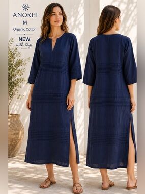 Anokhi Organic Cotton Cover Up Tunic dress Medium navy Blue new airy comfortable